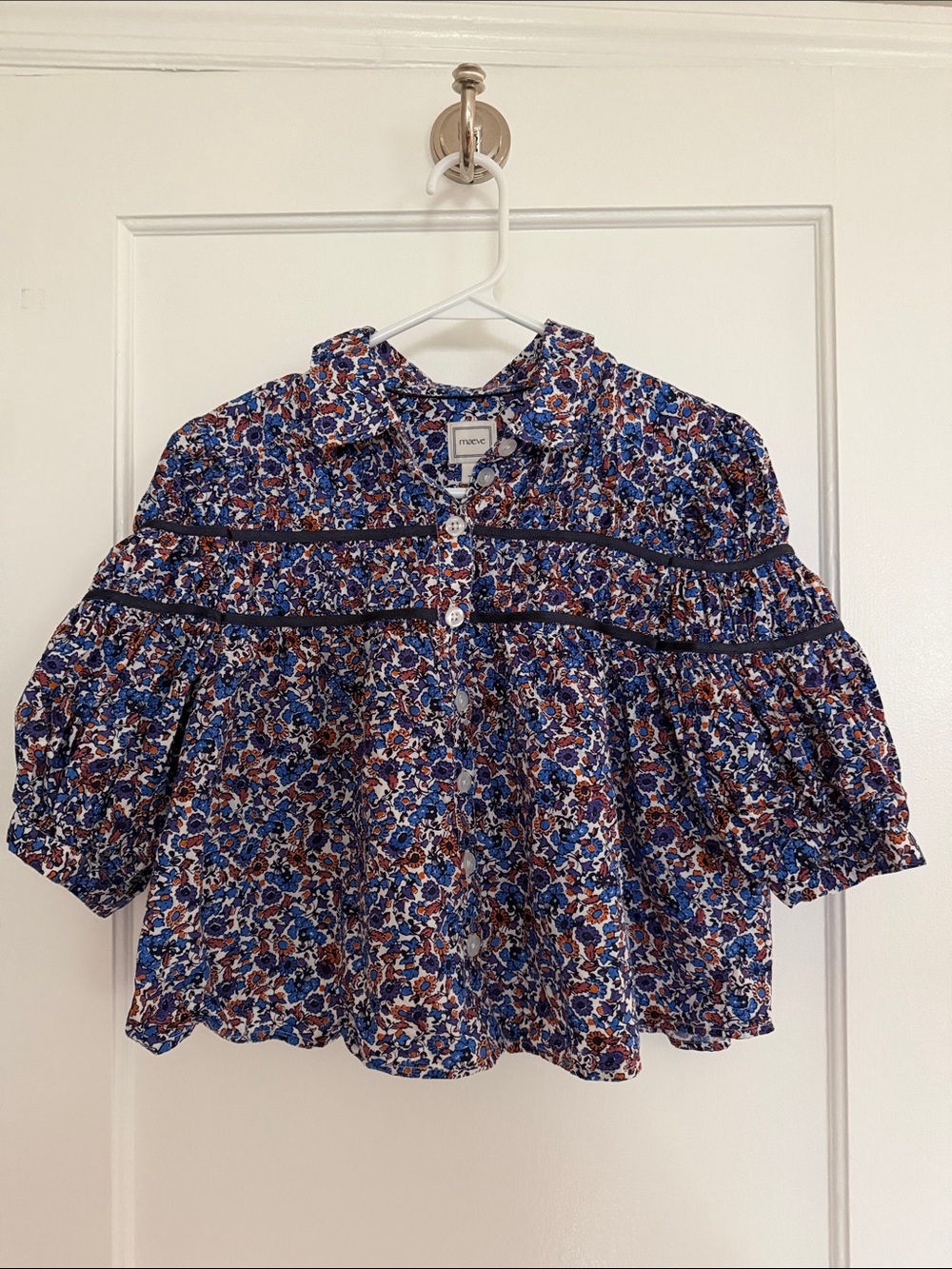 Maeve Anthropology Blue Floral Button-Front Swing Top